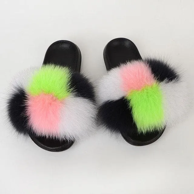 Chicvane Color Block Pure Sheep Wool Open Toe Fluffy Flat Sleeper Slides For Women