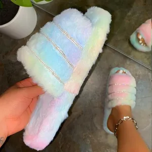 Chicvane Rhinestone Tie Dye Faux Fur Open Toe Fluffy Flat Slide Sleeper For Women
