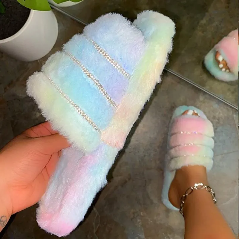 Chicvane Rhinestone Tie Dye Faux Fur Open Toe Fluffy Flat Slide Sleeper For Women