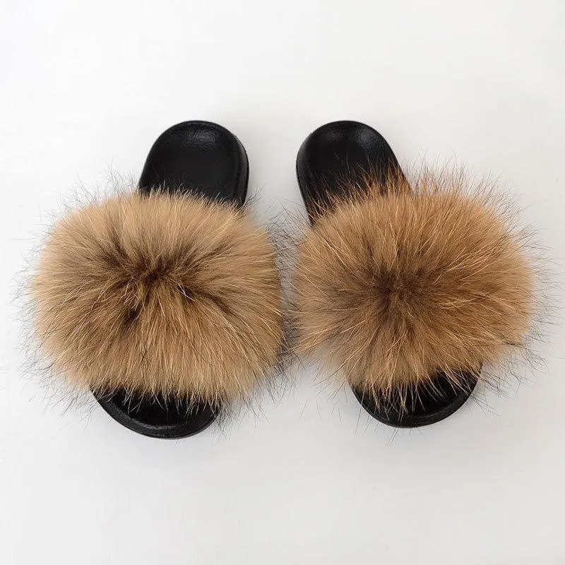 Chicvane Women's Multicolor Fox Fur Open Toe Fluffy Slide On House Slippers