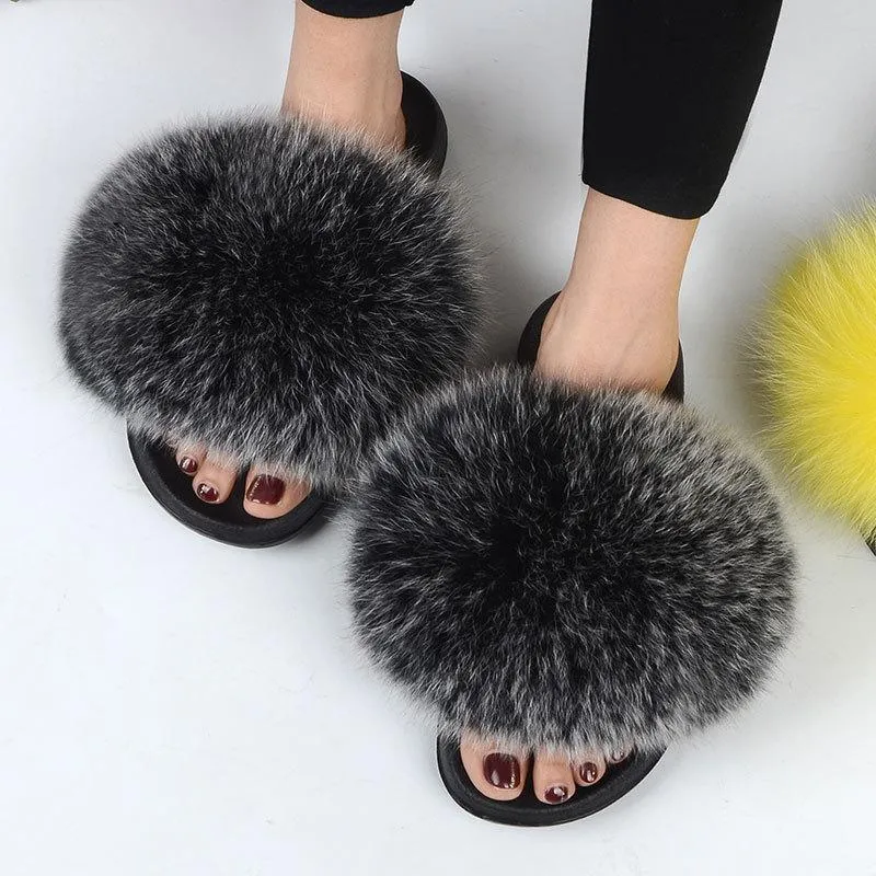 Chicvane Women's Multicolor Fox Fur Open Toe Fluffy Slide On House Slippers