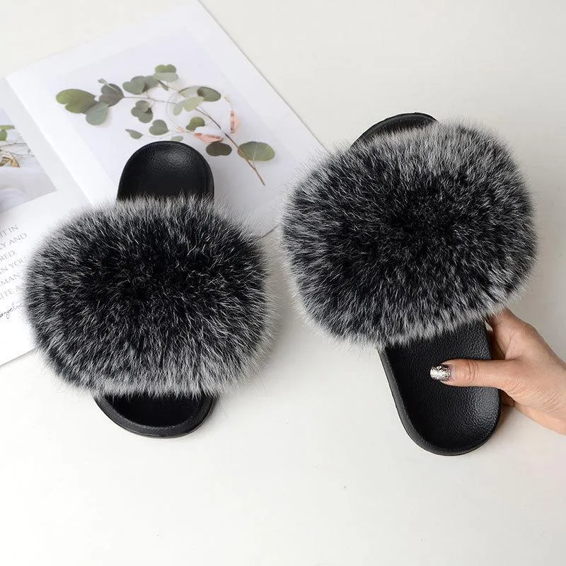 Chicvane Women's Multicolor Fox Fur Open Toe Fluffy Slide On House Slippers
