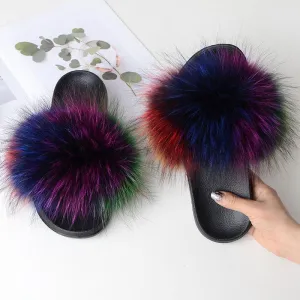Chicvane Women's Multicolor Fox Fur Open Toe Fluffy Slide On House Slippers
