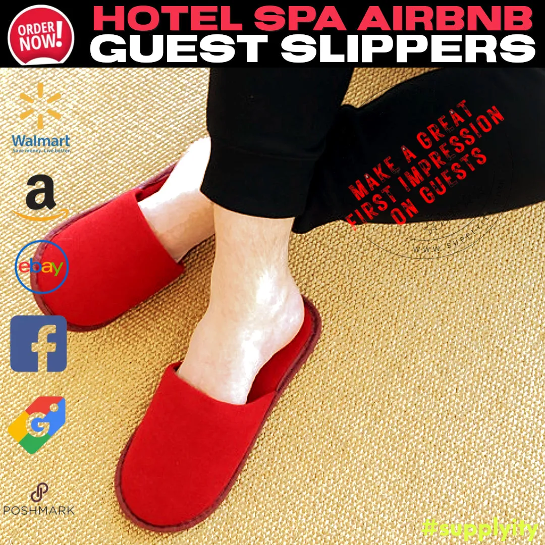 Chochili Red 10 Pairs Fabric Packed Terry Cotton Disposable Hotel Slippers for Airbnb Spa Wedding Guests Adult Men Women Size 10-11, Red