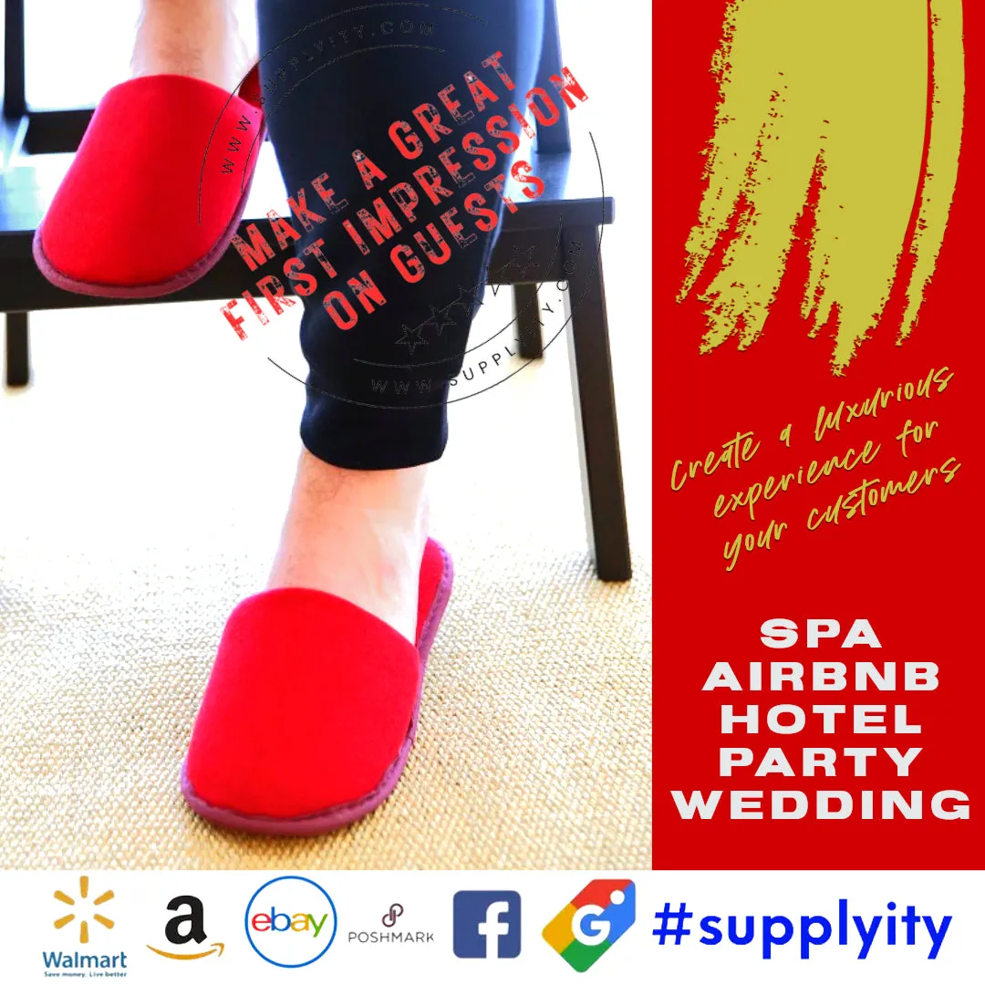 Chochili Red 10 Pairs Fabric Packed Terry Cotton Disposable Hotel Slippers for Airbnb Spa Wedding Guests Adult Men Women Size 10-11, Red