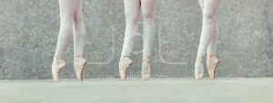 Closeup of legs of three ballet dancers in pointes