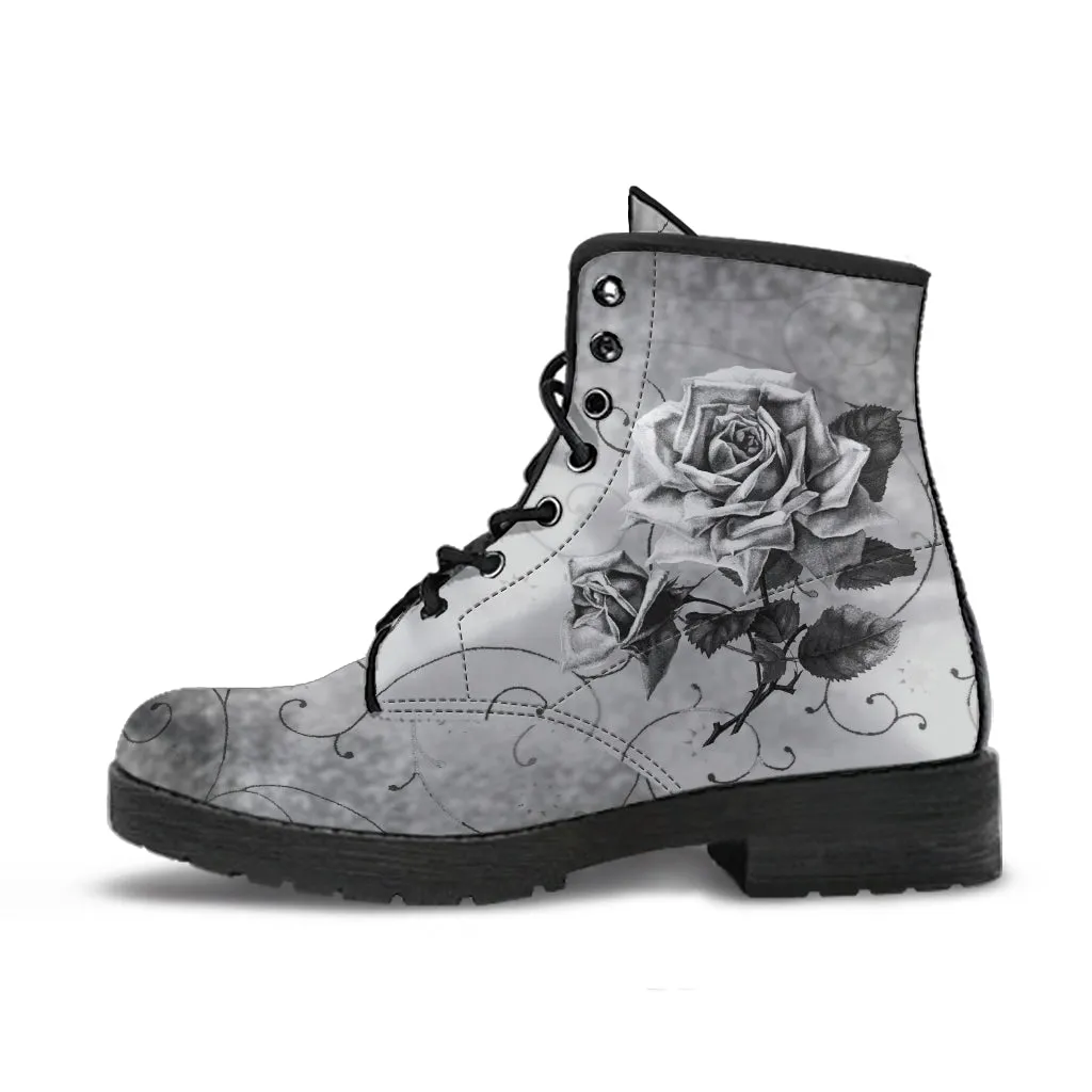 Combat Boots - Vintage Style Black & White Roses | Vegan Leather Lace Up Boots, Handmade Lace Up Boots, Women's Boots, Custom Shoes