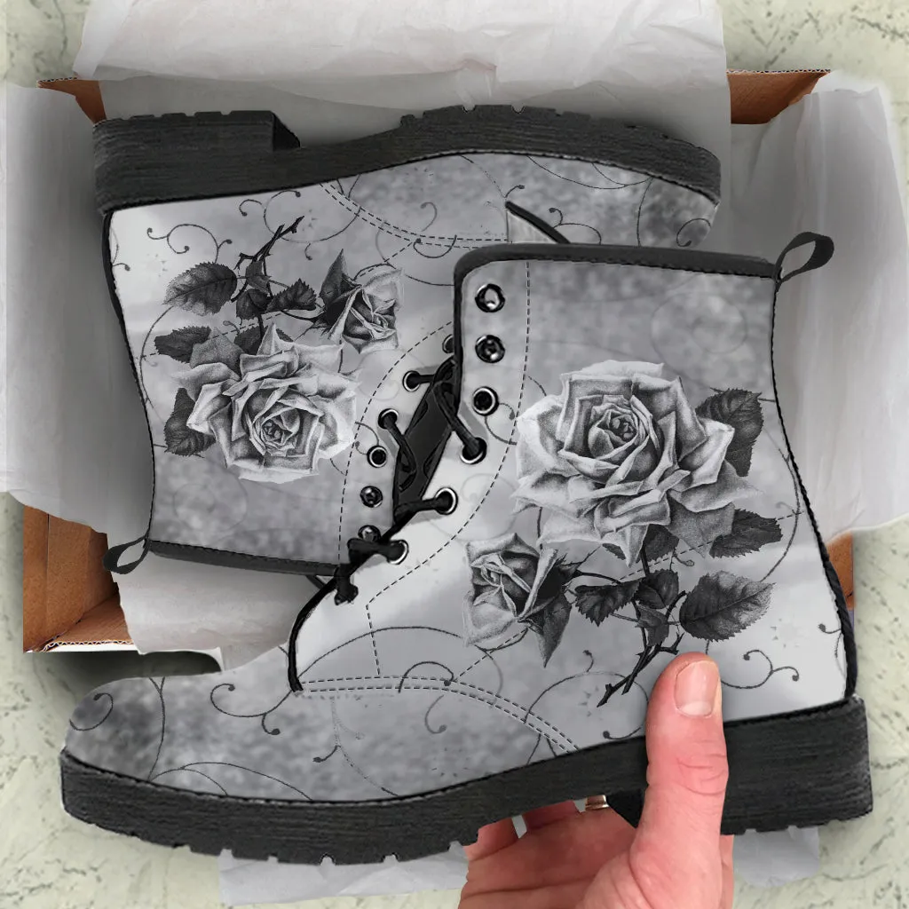 Combat Boots - Vintage Style Black & White Roses | Vegan Leather Lace Up Boots, Handmade Lace Up Boots, Women's Boots, Custom Shoes