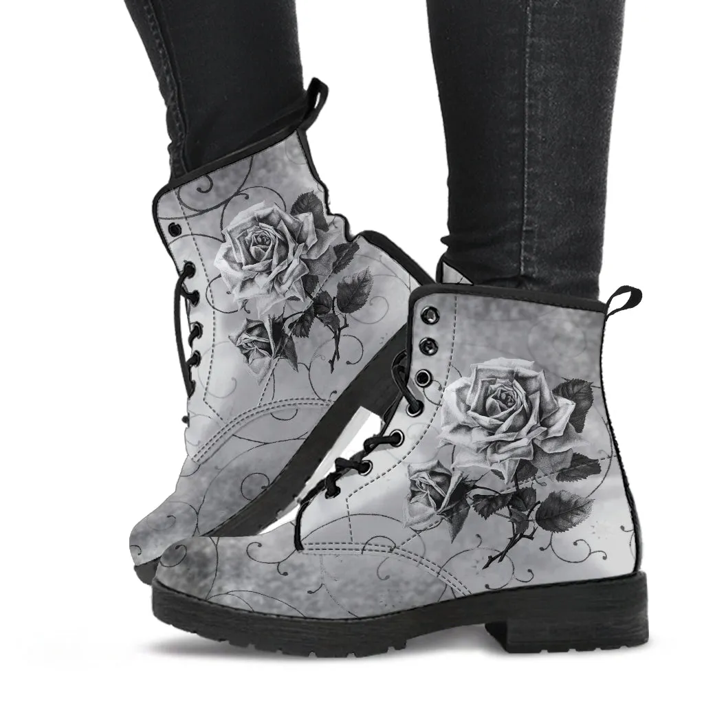Combat Boots - Vintage Style Black & White Roses | Vegan Leather Lace Up Boots, Handmade Lace Up Boots, Women's Boots, Custom Shoes