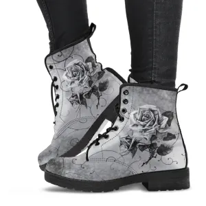 Combat Boots - Vintage Style Black & White Roses | Vegan Leather Lace Up Boots, Handmade Lace Up Boots, Women's Boots, Custom Shoes