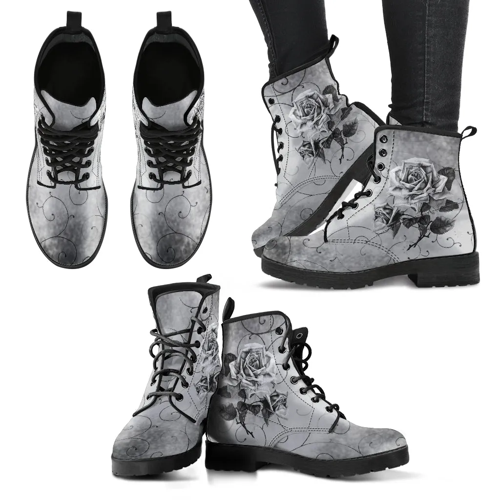Combat Boots - Vintage Style Black & White Roses | Vegan Leather Lace Up Boots, Handmade Lace Up Boots, Women's Boots, Custom Shoes