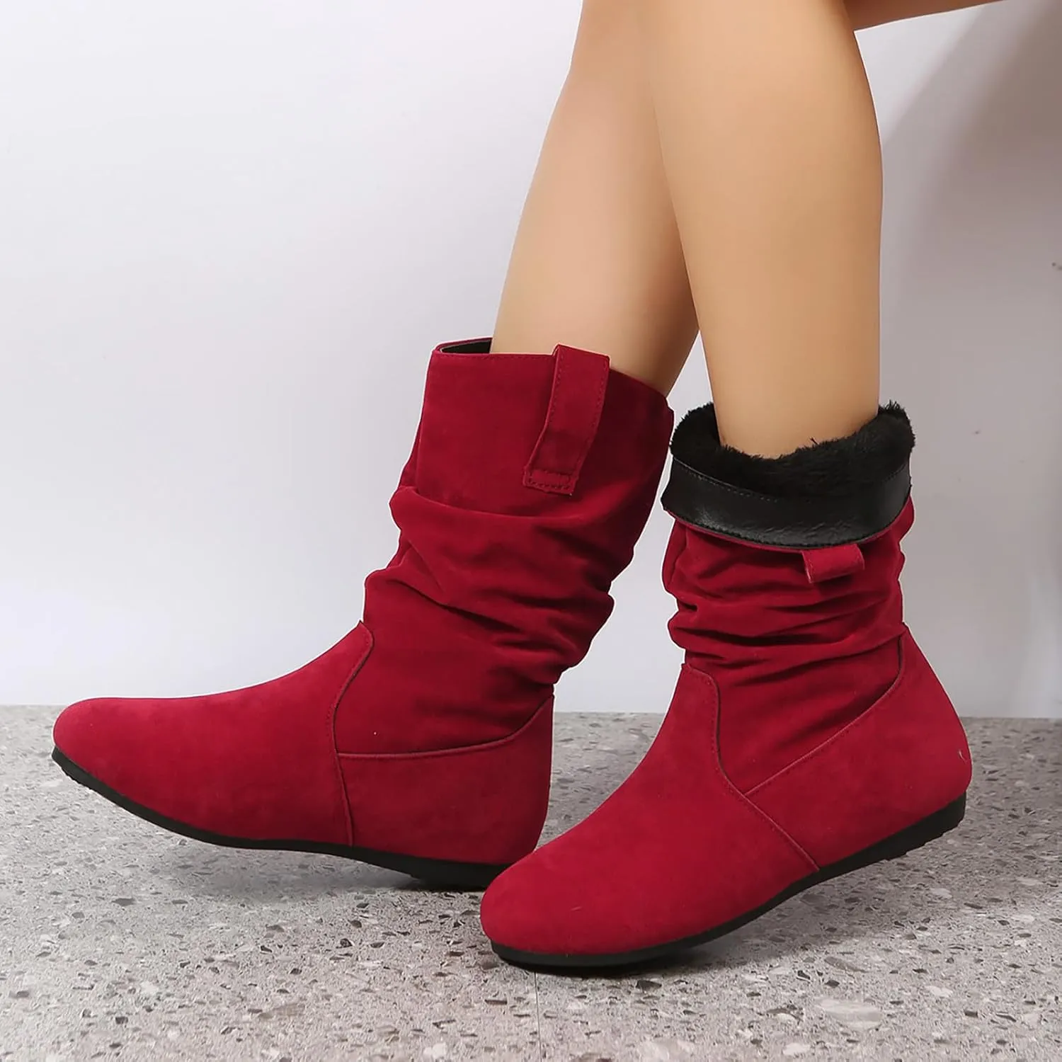 Combat Boots Womens Suede Flats Mid Calf Boots Pleated Thigh High Boots Pull On Winter Winter Warm Bootie