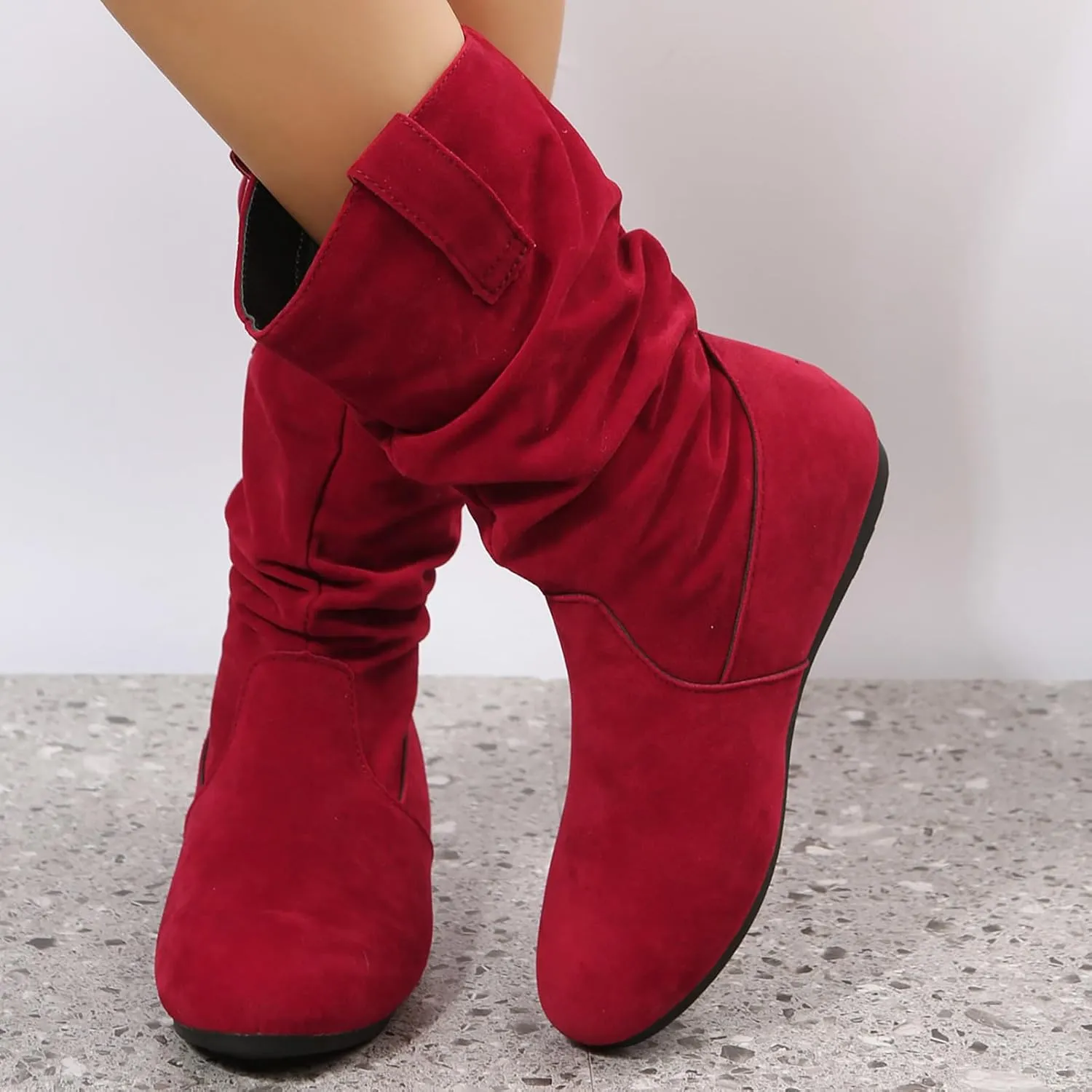 Combat Boots Womens Suede Flats Mid Calf Boots Pleated Thigh High Boots Pull On Winter Winter Warm Bootie