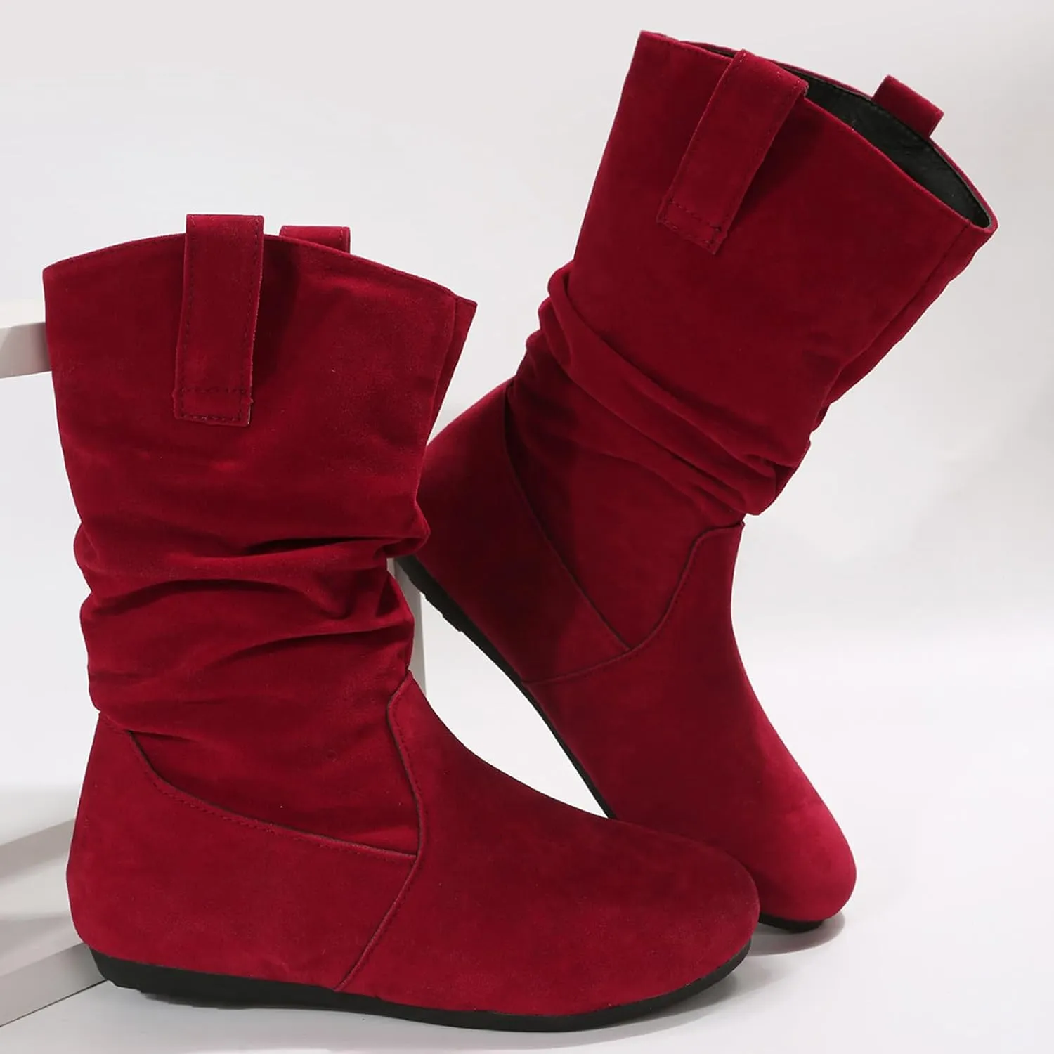 Combat Boots Womens Suede Flats Mid Calf Boots Pleated Thigh High Boots Pull On Winter Winter Warm Bootie