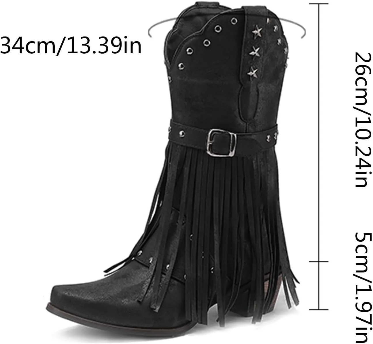 Combat Boots Womens Tassel Western Cowboy Boots Suede Buckle Chunky Heel Cowgirl Mid-Calf Slip On Booties