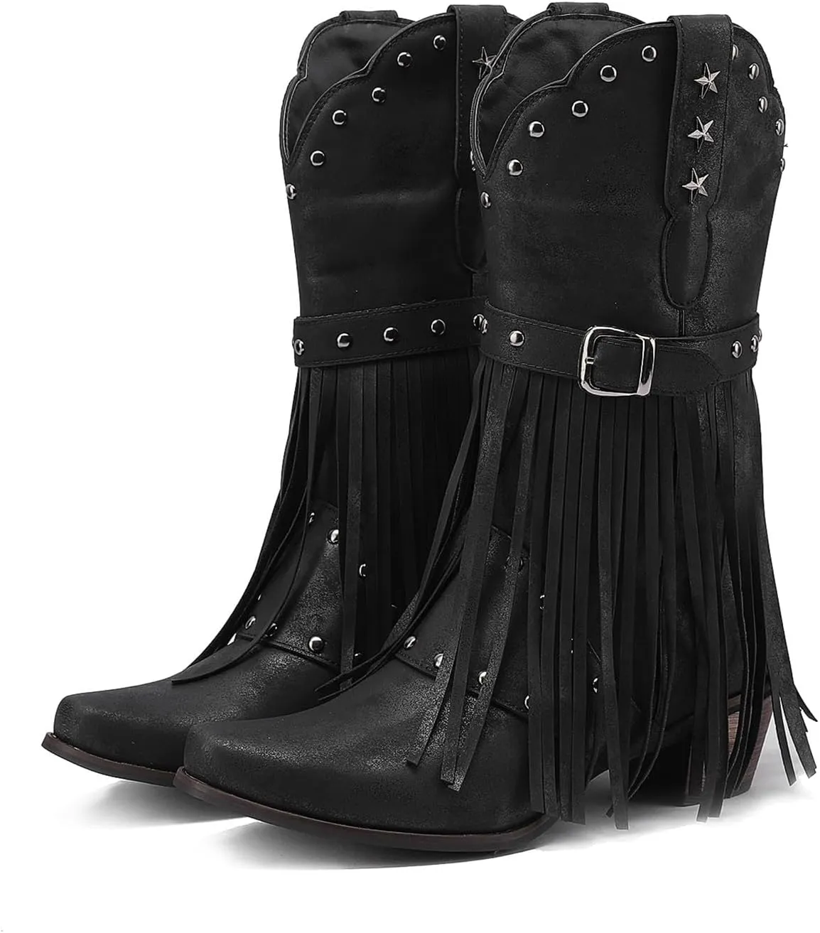 Combat Boots Womens Tassel Western Cowboy Boots Suede Buckle Chunky Heel Cowgirl Mid-Calf Slip On Booties