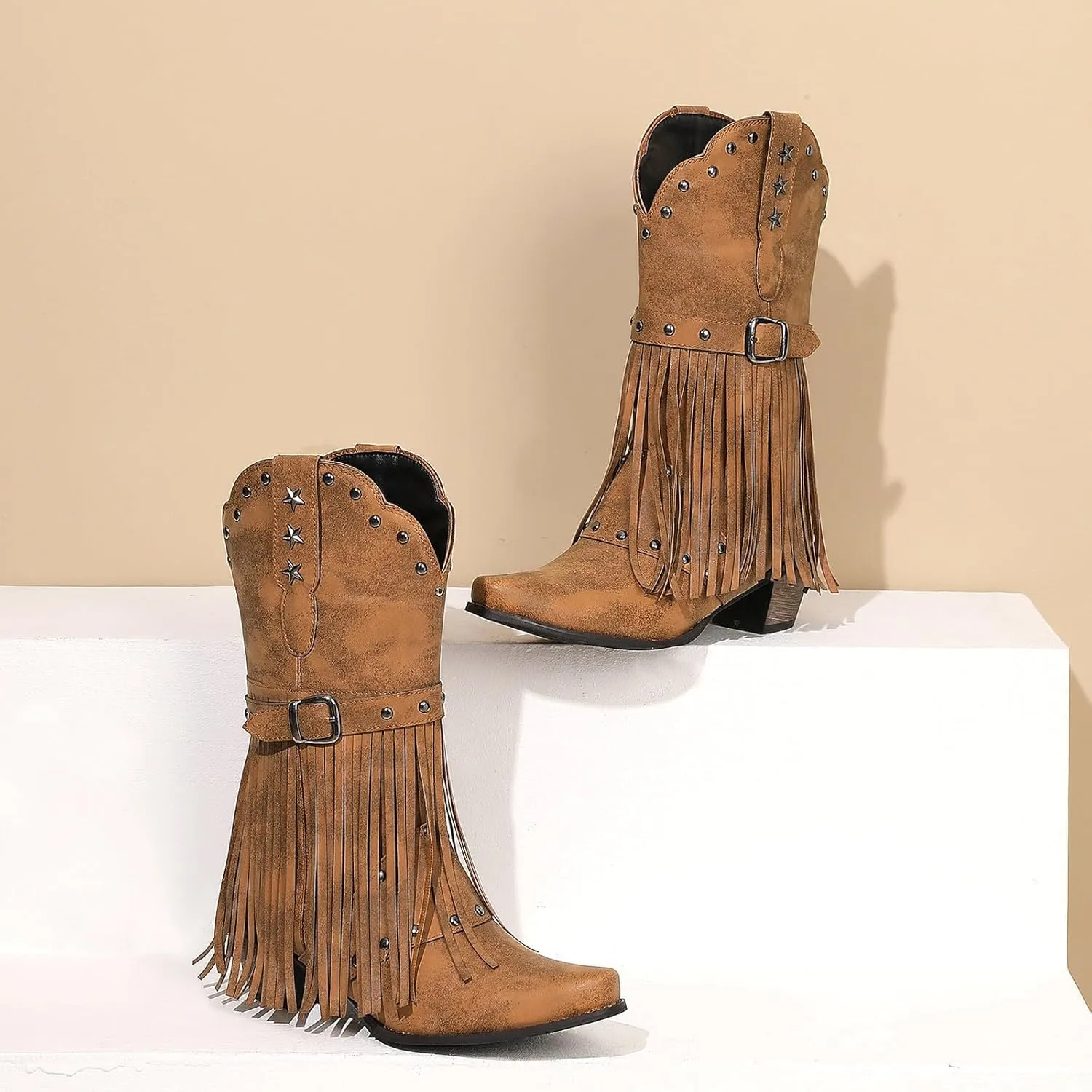 Combat Boots Womens Tassel Western Cowboy Boots Suede Buckle Chunky Heel Cowgirl Mid-Calf Slip On Booties