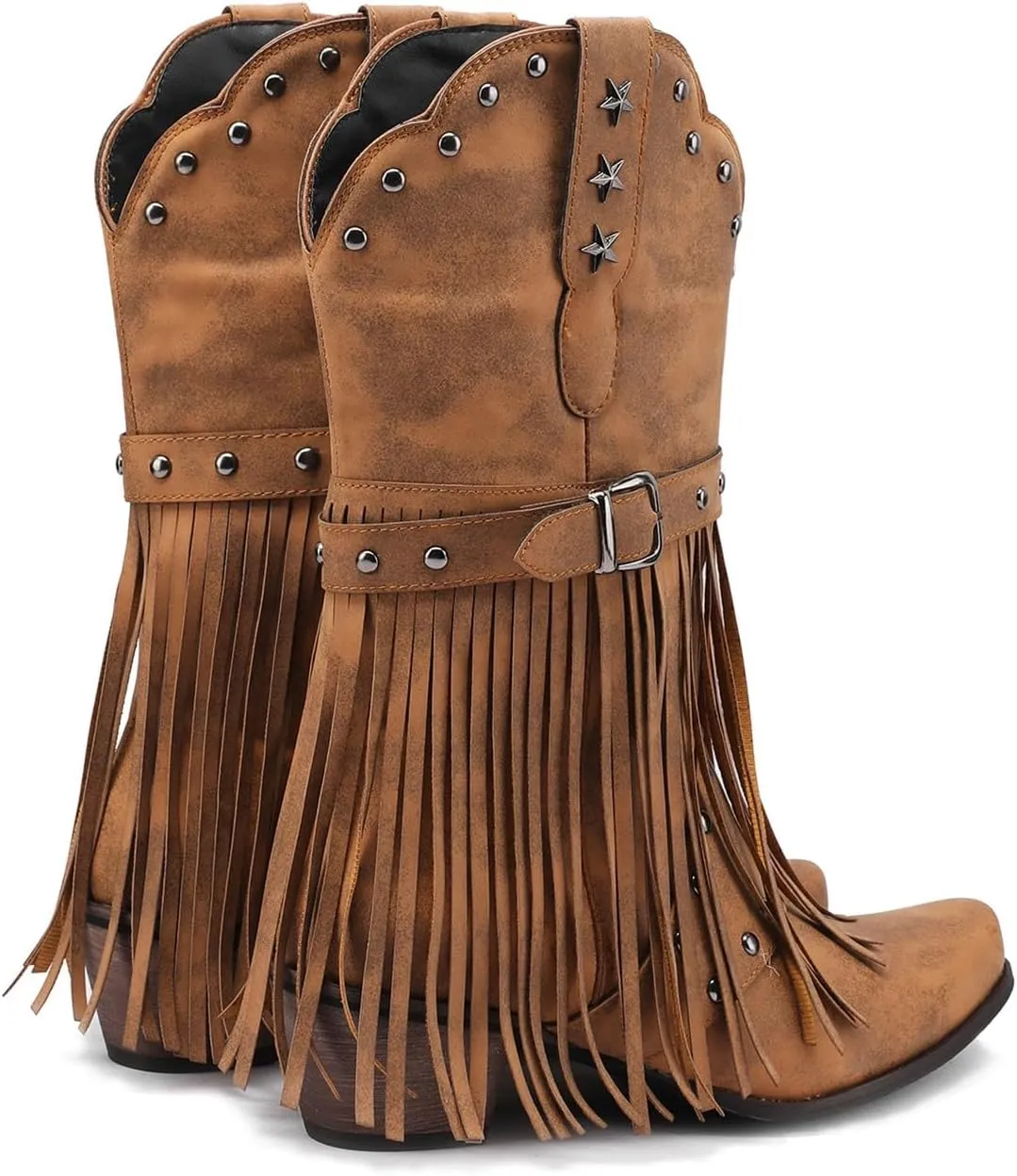 Combat Boots Womens Tassel Western Cowboy Boots Suede Buckle Chunky Heel Cowgirl Mid-Calf Slip On Booties
