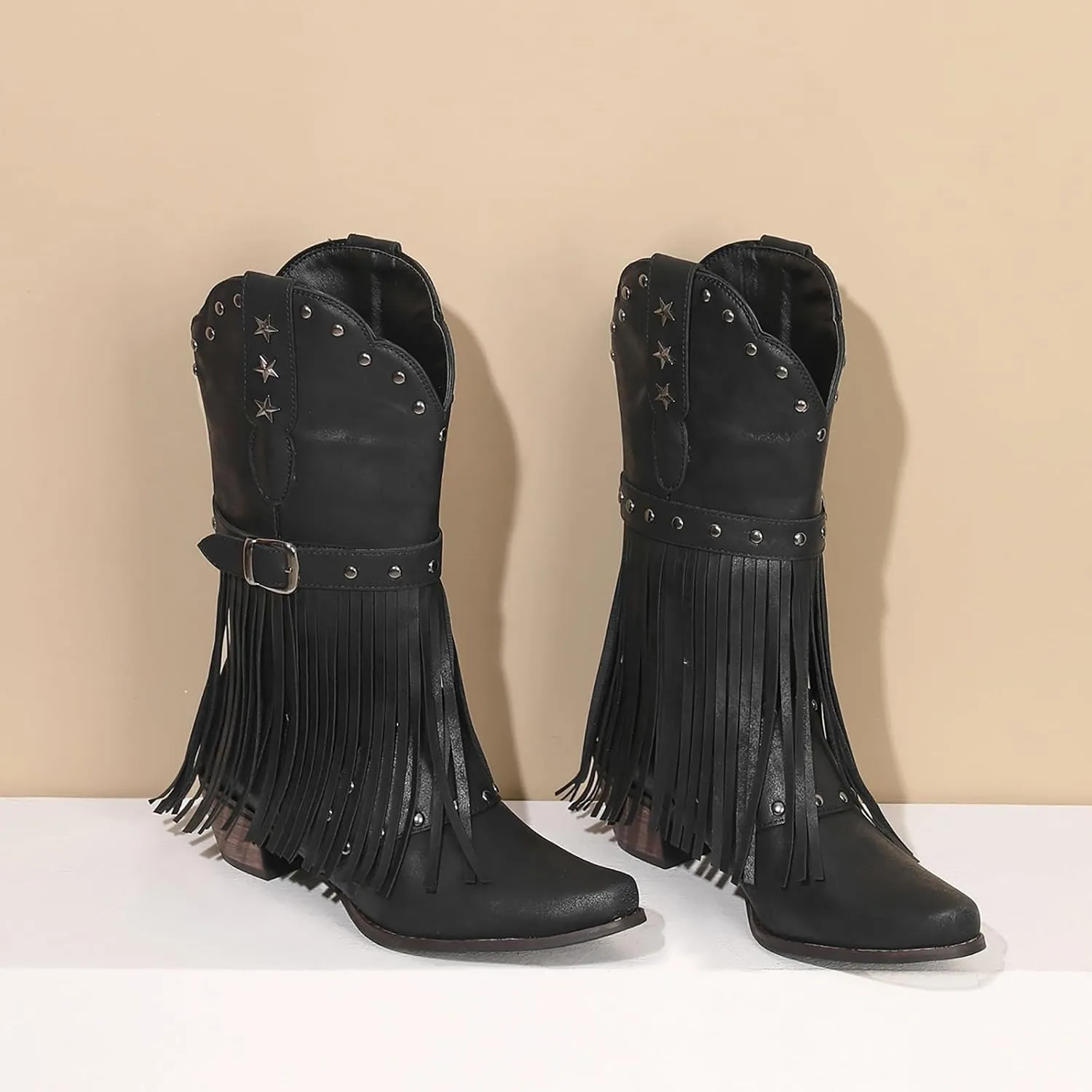 Combat Boots Womens Tassel Western Cowboy Boots Suede Buckle Chunky Heel Cowgirl Mid-Calf Slip On Booties