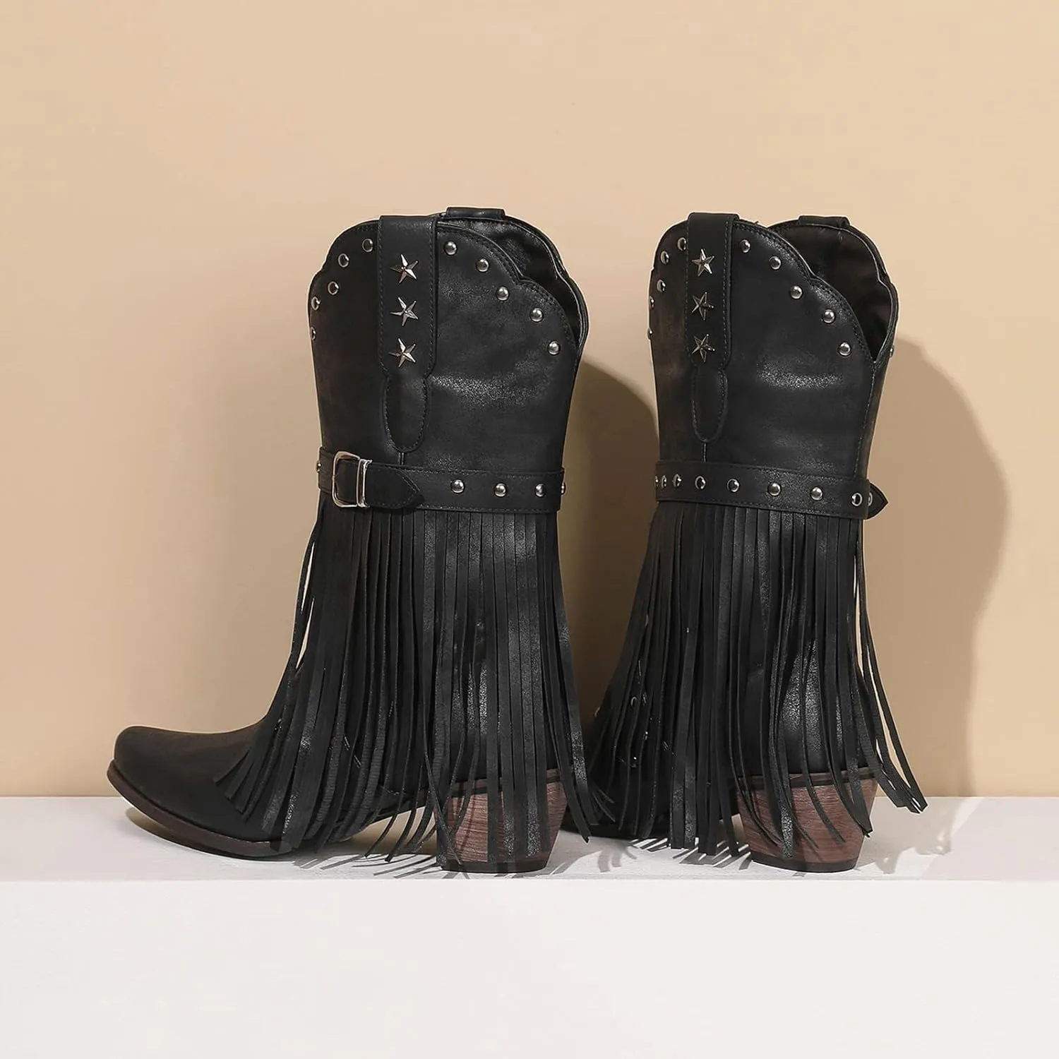 Combat Boots Womens Tassel Western Cowboy Boots Suede Buckle Chunky Heel Cowgirl Mid-Calf Slip On Booties