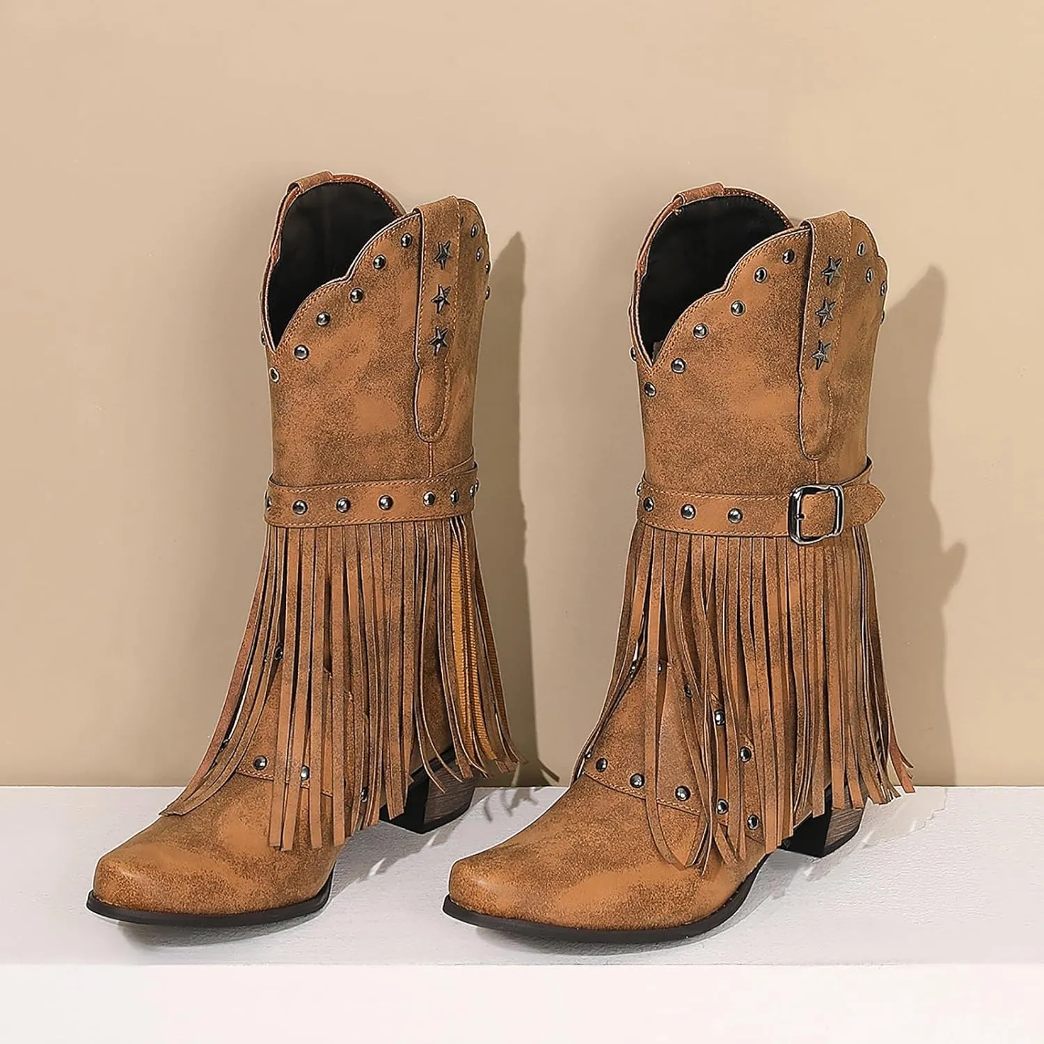 Combat Boots Womens Tassel Western Cowboy Boots Suede Buckle Chunky Heel Cowgirl Mid-Calf Slip On Booties