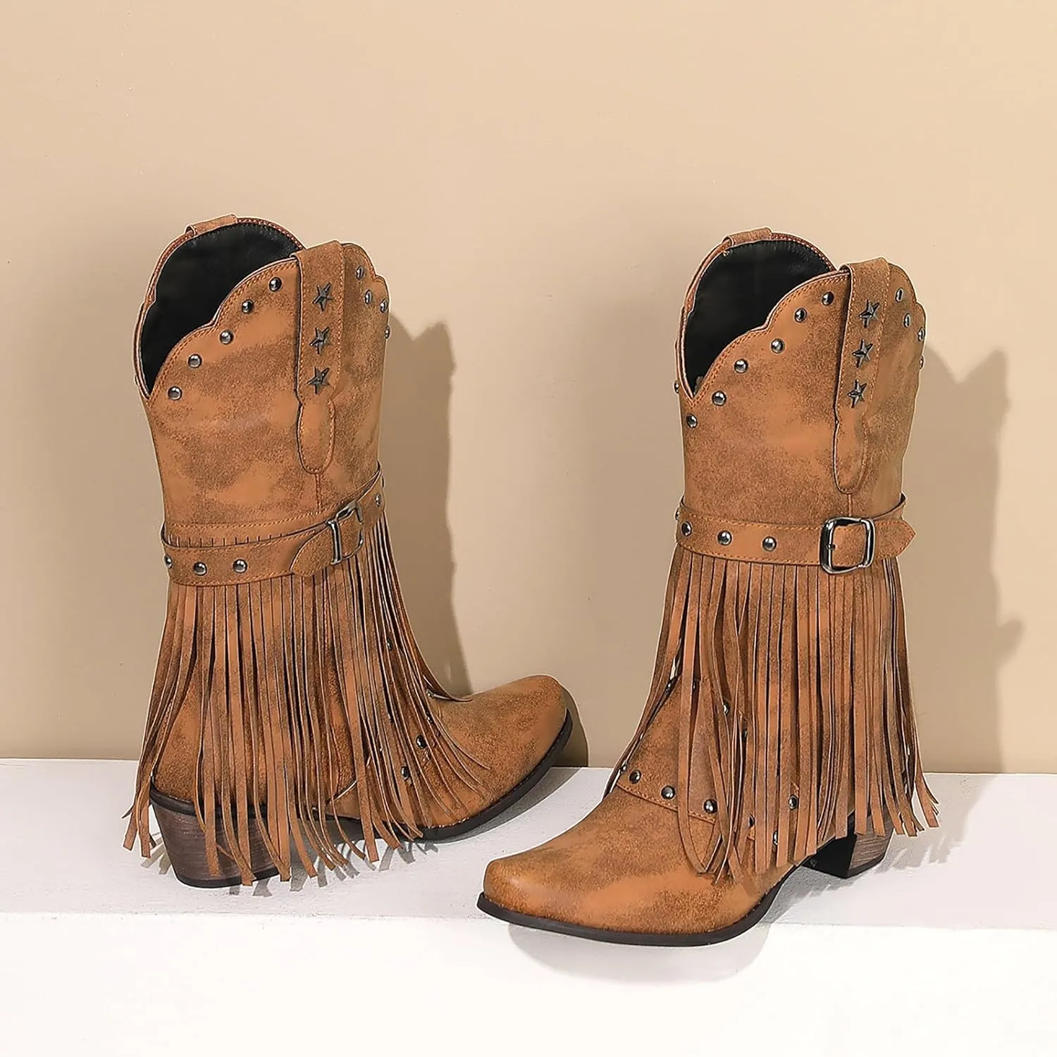 Combat Boots Womens Tassel Western Cowboy Boots Suede Buckle Chunky Heel Cowgirl Mid-Calf Slip On Booties