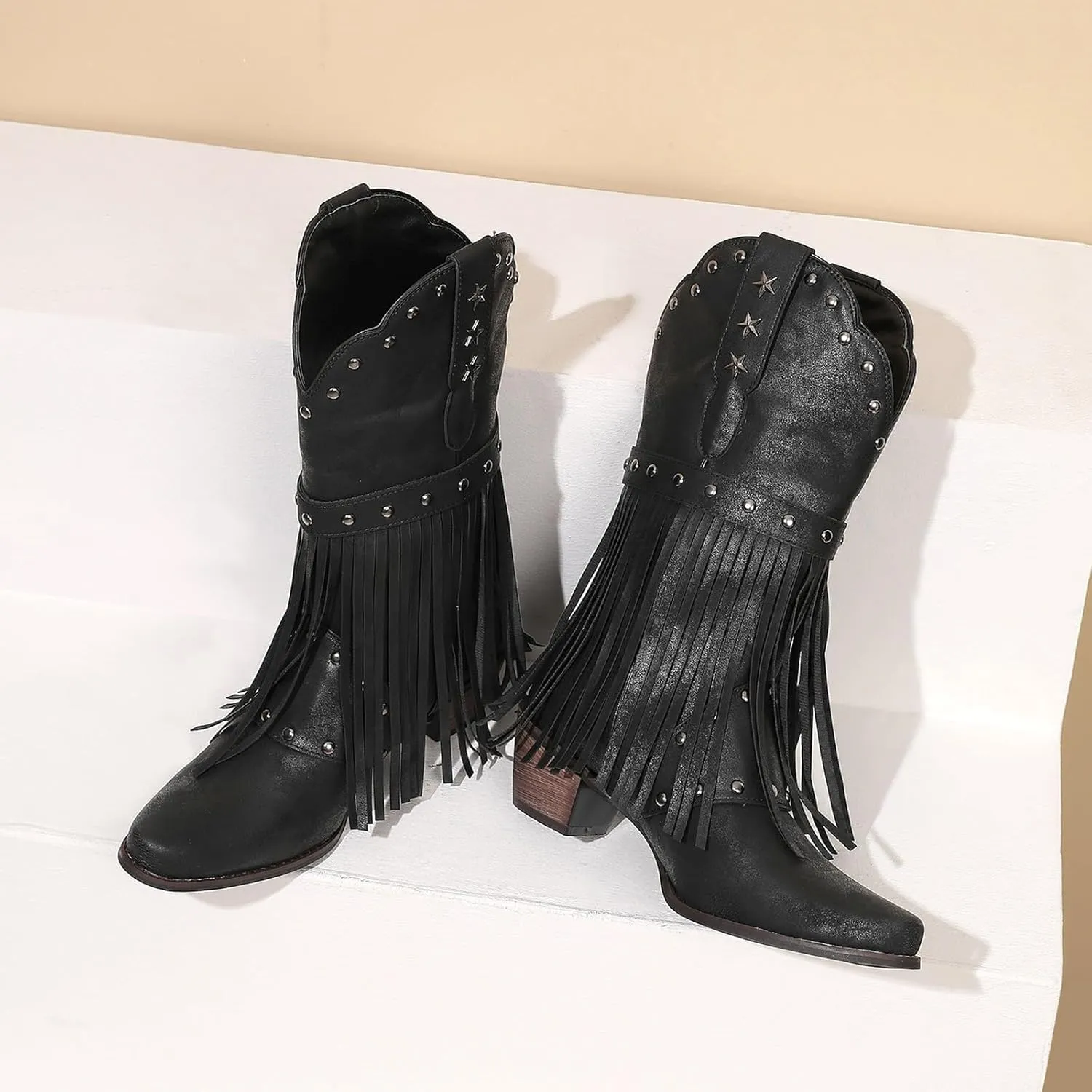 Combat Boots Womens Tassel Western Cowboy Boots Suede Buckle Chunky Heel Cowgirl Mid-Calf Slip On Booties