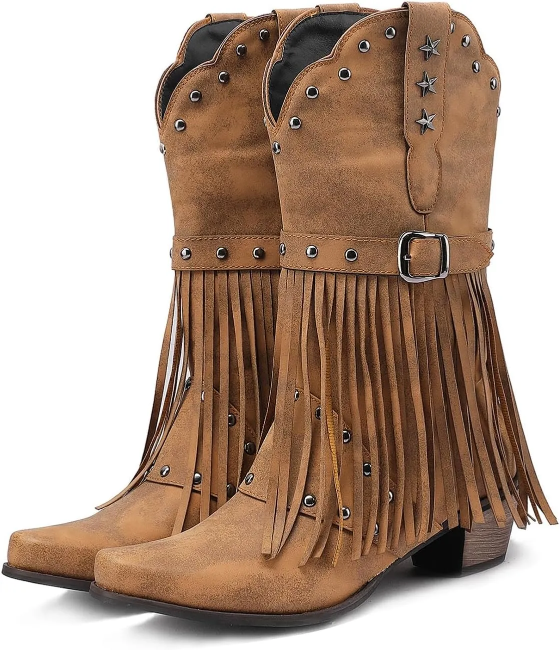 Combat Boots Womens Tassel Western Cowboy Boots Suede Buckle Chunky Heel Cowgirl Mid-Calf Slip On Booties