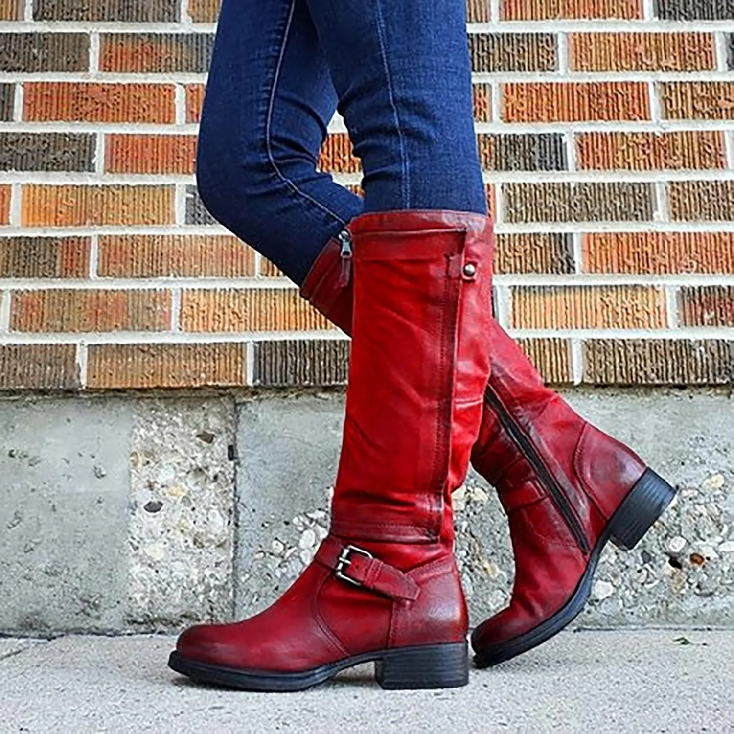Combat Boots Womens Women's Retro Zipper Fall And Winter Long Boots Cowboy Chunky Heel Buckle Belt Knee High Boots