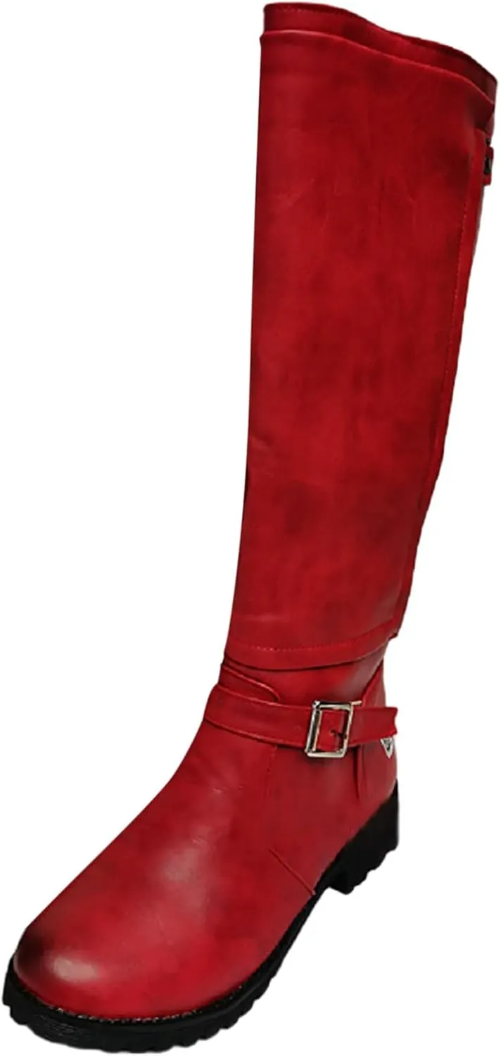 Combat Boots Womens Women's Retro Zipper Fall And Winter Long Boots Cowboy Chunky Heel Buckle Belt Knee High Boots