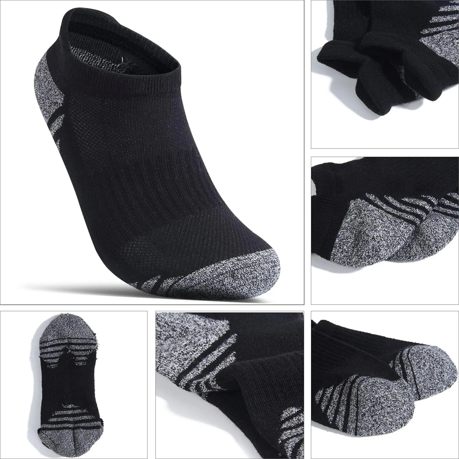 Cotton No Show Socks for Men With Heel Tab, Cushion Ankle Compression Running Athletic Low Cut Mens Sock 6 Pack