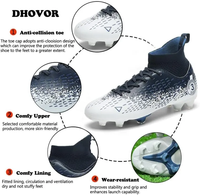 DHOVOR Boys Girls High-Top Soccer Cleats Youth Lightweight Professional Turf Football Cleats Unisex Non-Slip Indoor Soccer Shoes for Kids Outdoor/Indoor/Competition/Unisex