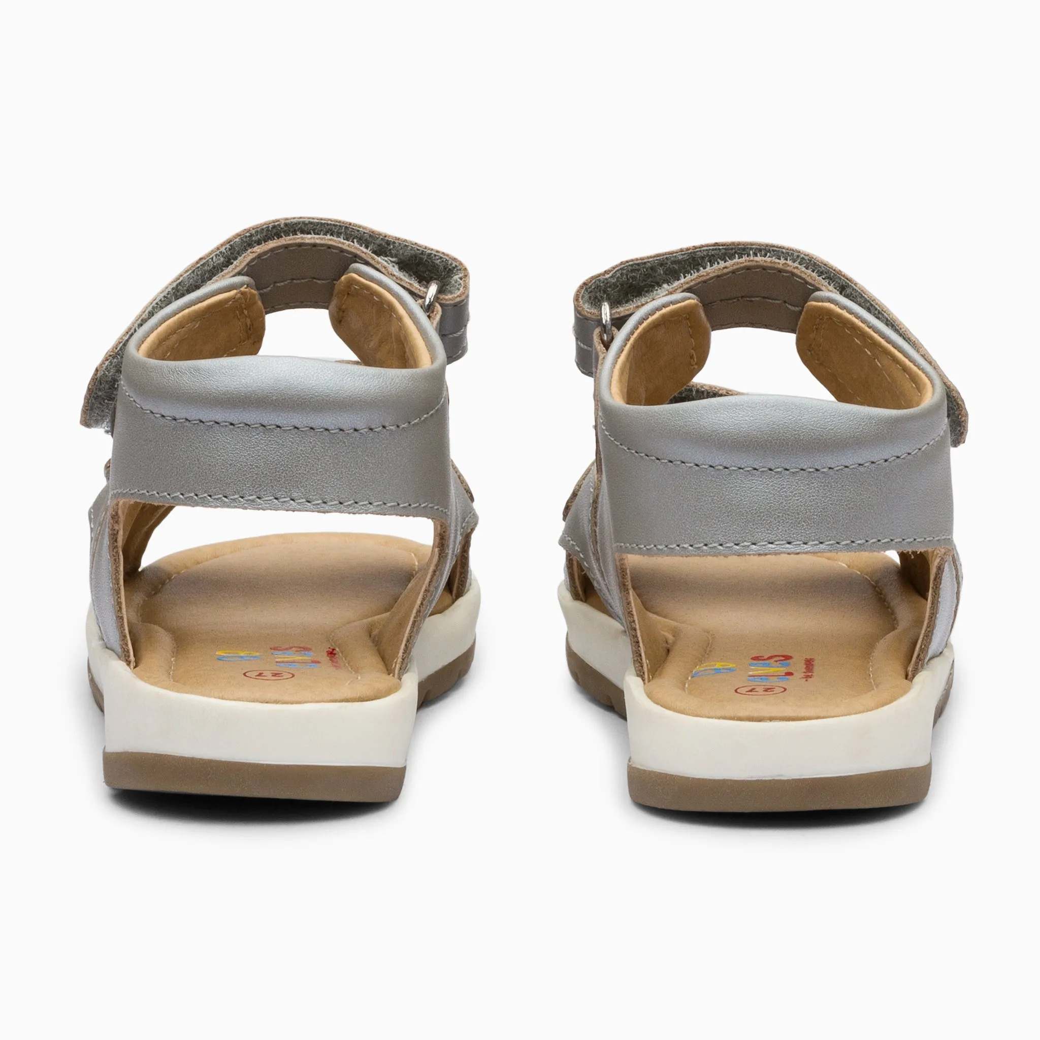 Double Strap Kids Leather Sandals - Silver Grey