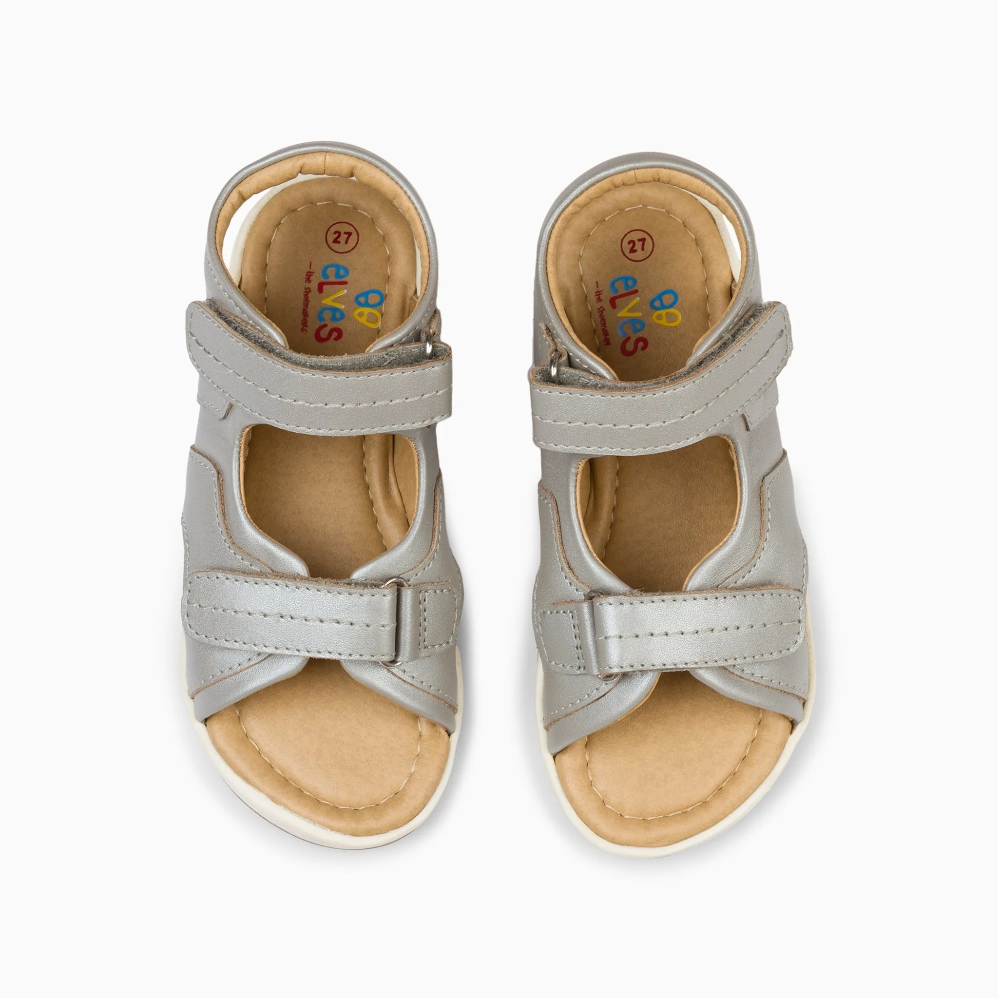 Double Strap Kids Leather Sandals - Silver Grey