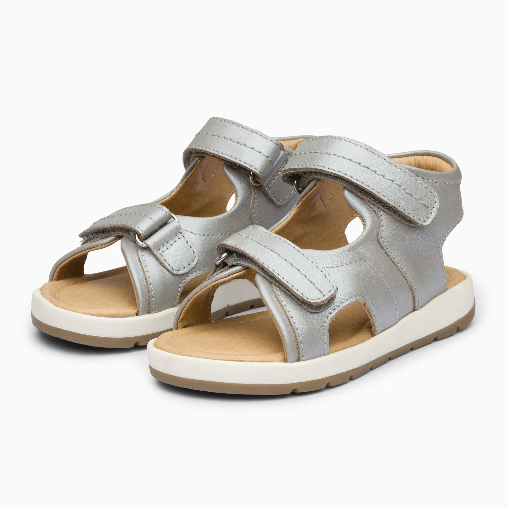 Double Strap Kids Leather Sandals - Silver Grey