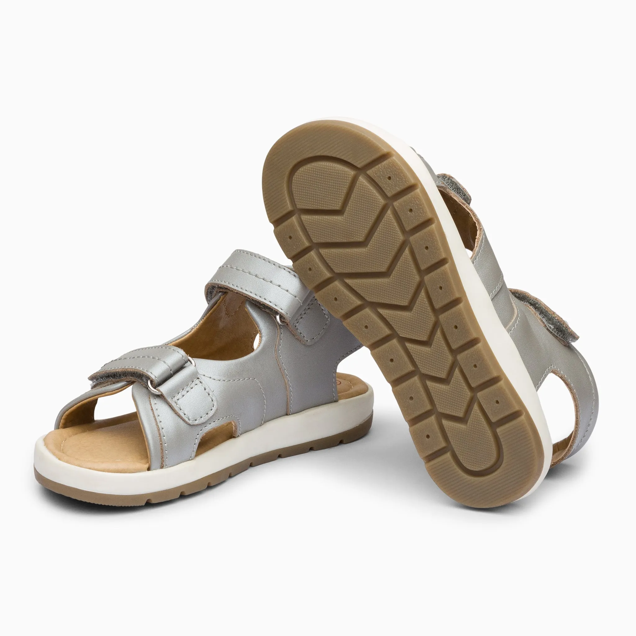 Double Strap Kids Leather Sandals - Silver Grey