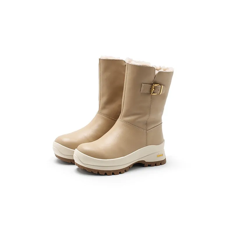 Dwarves Leather Mid Calf Snow Boots Shearling Lined with Buckle in Black/Apricot/Beige