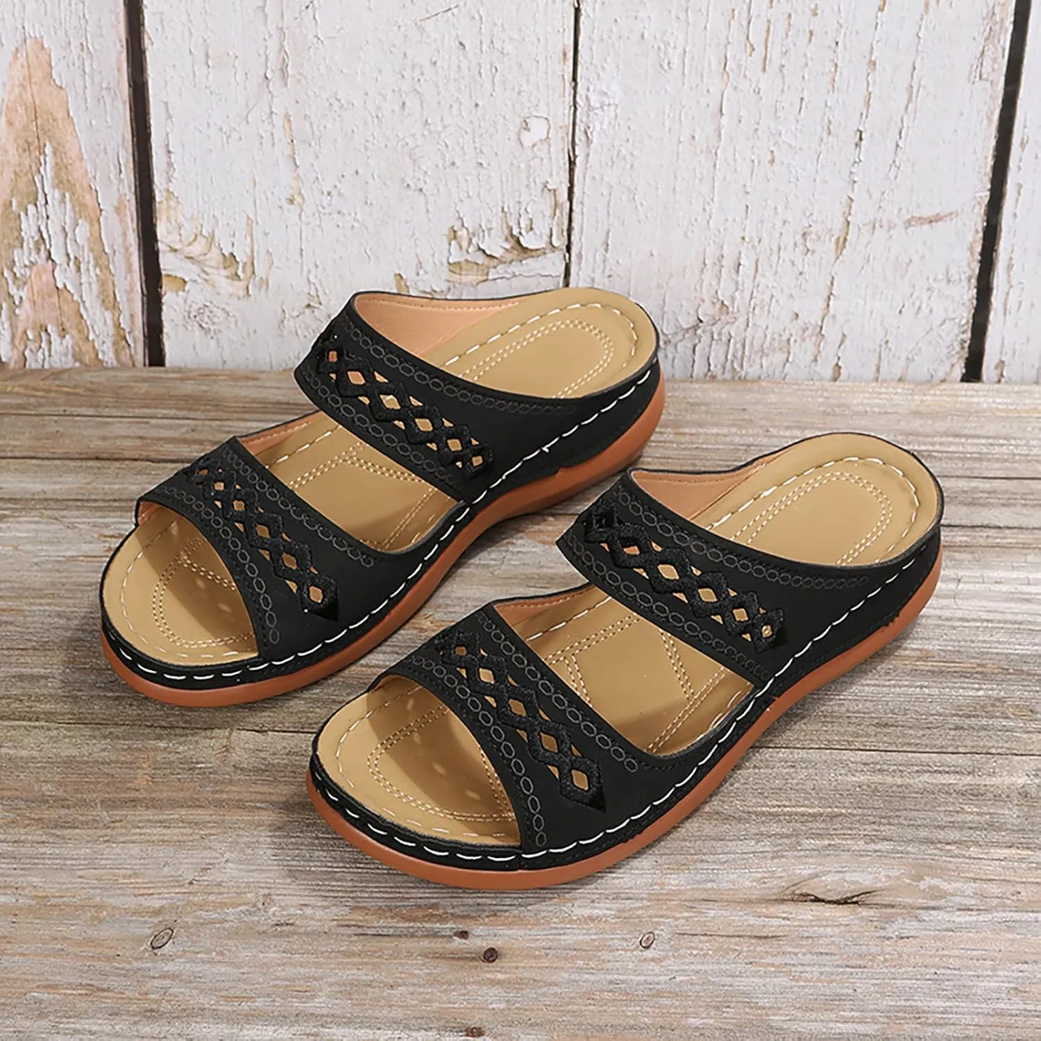 Eduavar Women's Comfort Arch Support Sandals, Black, Open Toe Wedge Slides