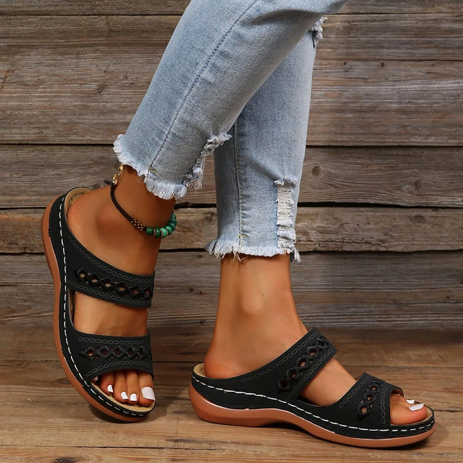 Eduavar Women's Comfort Arch Support Sandals, Black, Open Toe Wedge Slides