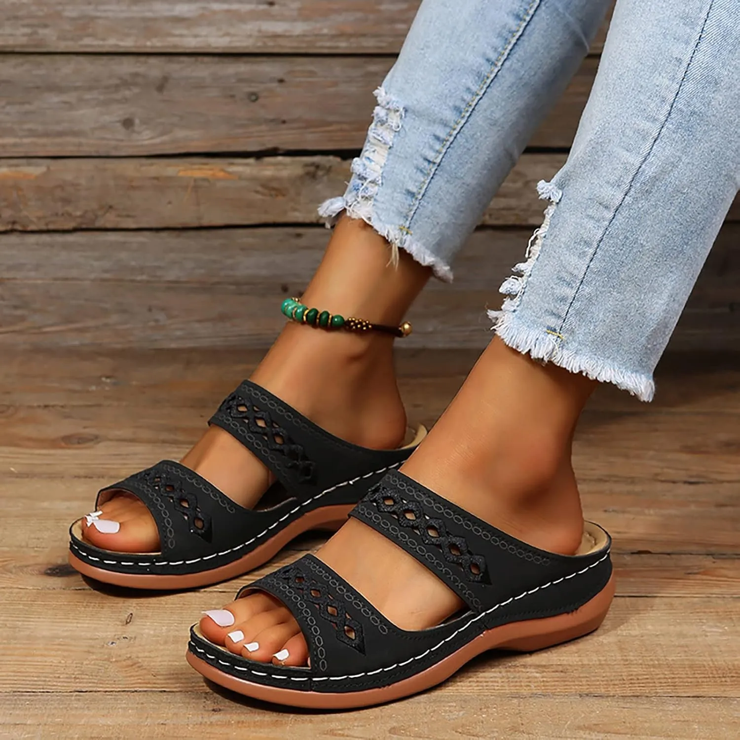 Eduavar Women's Comfort Arch Support Sandals, Black, Open Toe Wedge Slides
