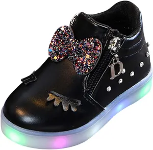 EnJoCho Girls Waterproof Outdoor Ankle Boots Side Zipper Crystal Bowknot LED Luminous Combat Boots for Toddler Little Kid (Black-03#B-02, 2-2.5T)