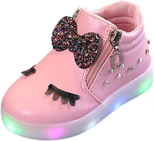 EnJoCho Girls Waterproof Outdoor Ankle Boots Side Zipper Crystal Bowknot LED Luminous Combat Boots for Toddler Little Kid (Pink-03#B-02, 5-5.5T)