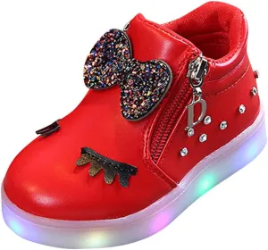 EnJoCho Girls Waterproof Outdoor Ankle Boots Side Zipper Crystal Bowknot LED Luminous Combat Boots for Toddler Little Kid (Red-03#B-02, 5-5.5T)