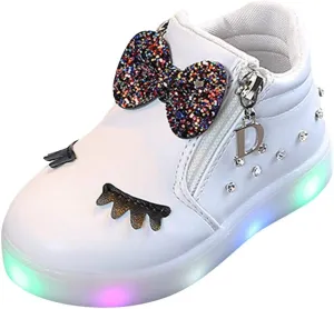 EnJoCho Girls Waterproof Outdoor Ankle Boots Side Zipper Crystal Bowknot LED Luminous Combat Boots for Toddler Little Kid (White-03#B-02, 12-18M)