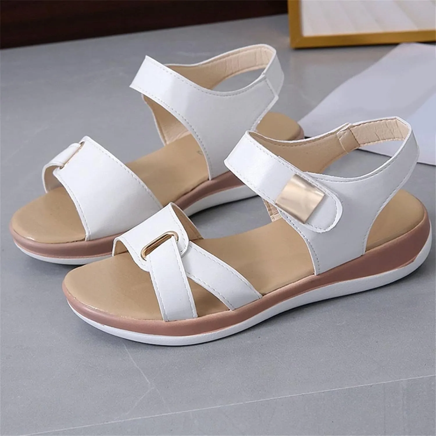 Fashion Summer Women Sandals Flat Thick Bottom Open Toe Hook Loop Solid Color Casual Sandals for Women Dressy Flat