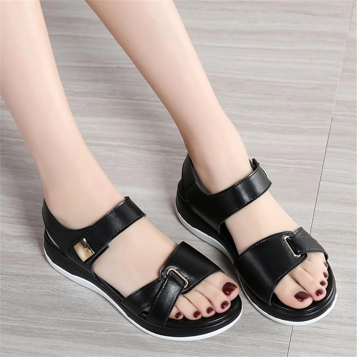 Fashion Summer Women Sandals Flat Thick Bottom Open Toe Hook Loop Solid Color Casual Sandals for Women Dressy Flat
