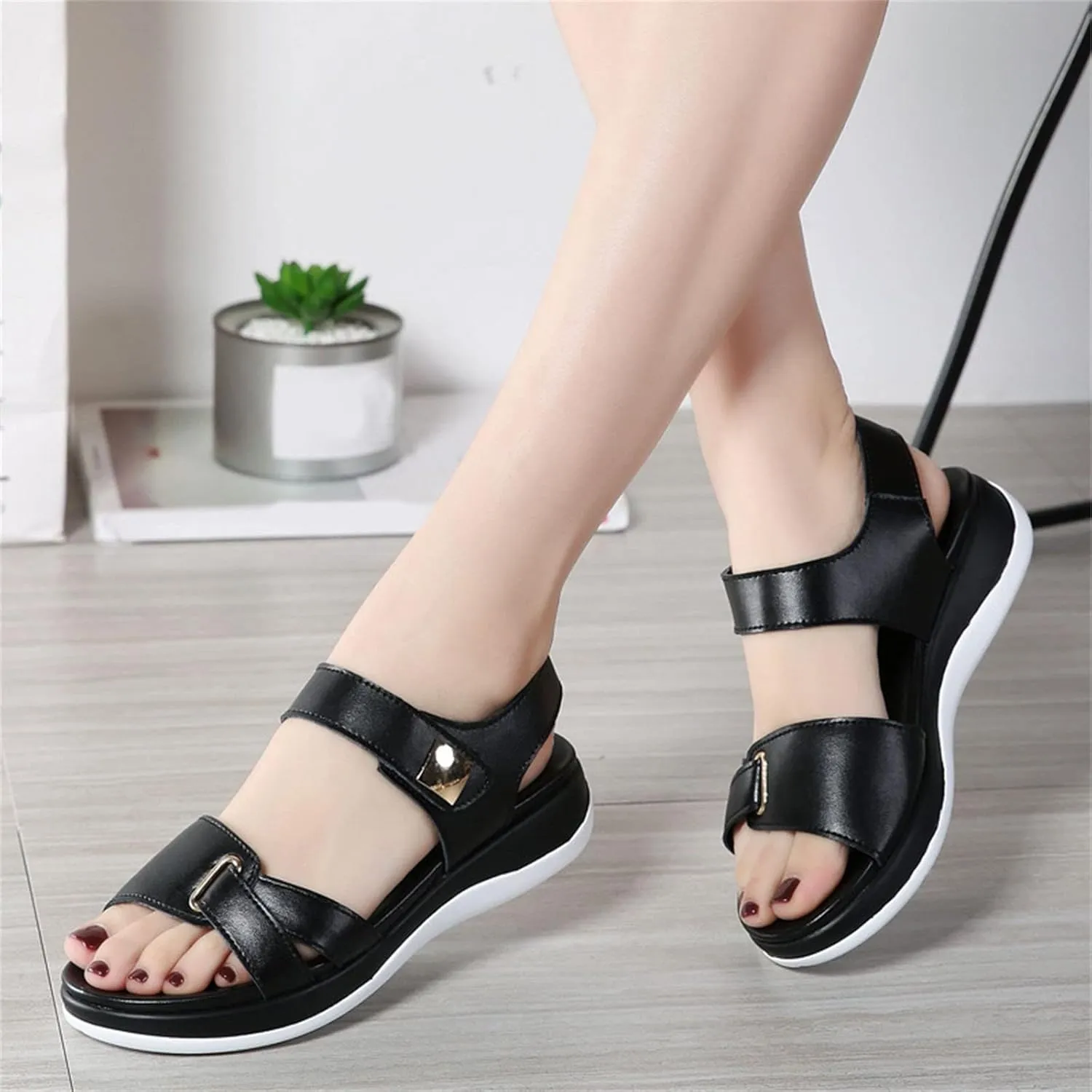 Fashion Summer Women Sandals Flat Thick Bottom Open Toe Hook Loop Solid Color Casual Sandals for Women Dressy Flat