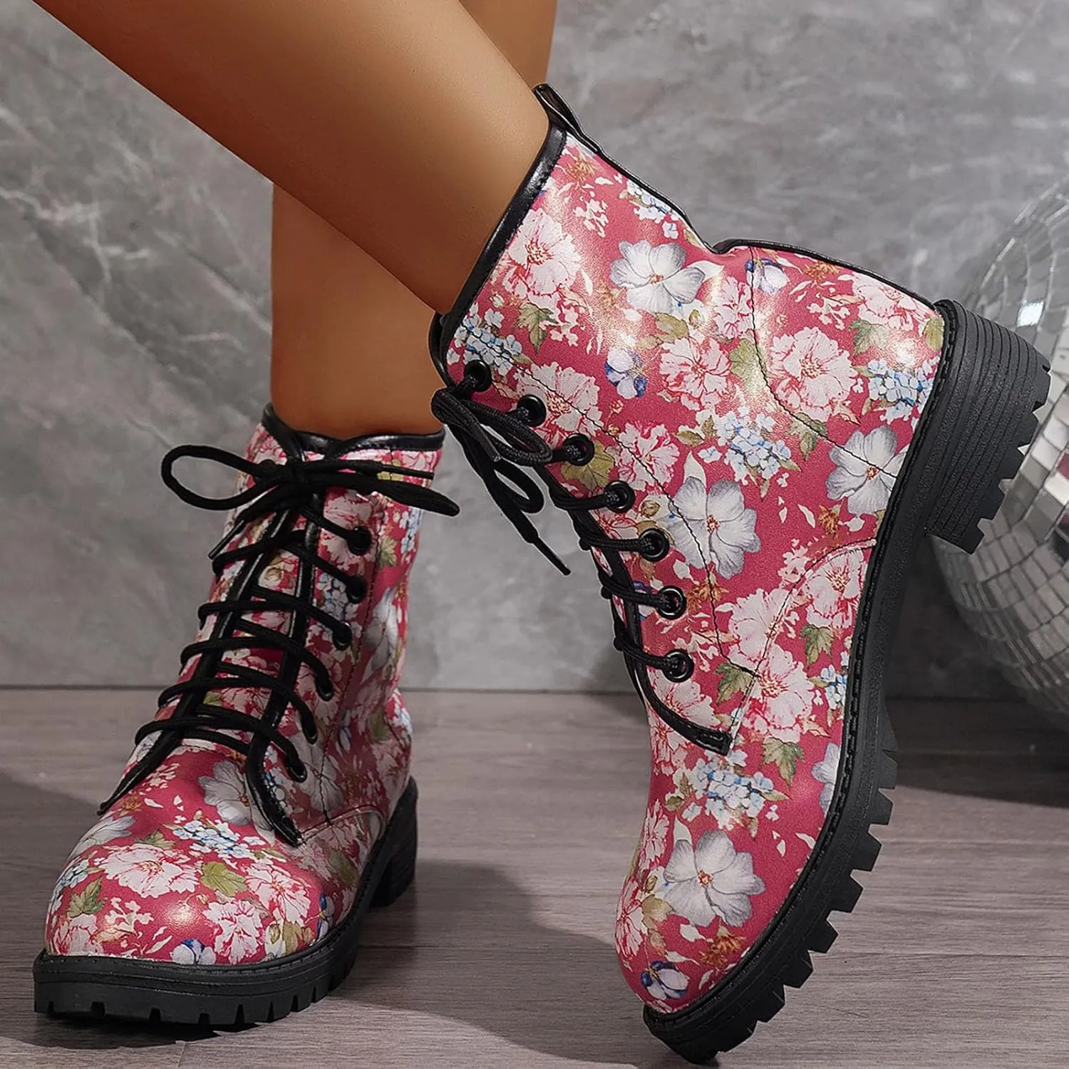 Fashion Women Halloween Square Heels Lace Up Short Booties Cartoon Prints Round Toe Shoes Comfortable Boots Women
