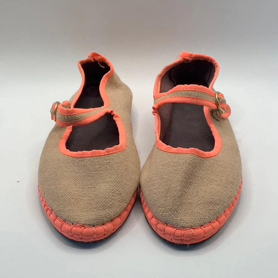 FLABELUS Women's Tan/Neon Pink Dent Lightweight Canvas Mary Jane Flats SZ 8