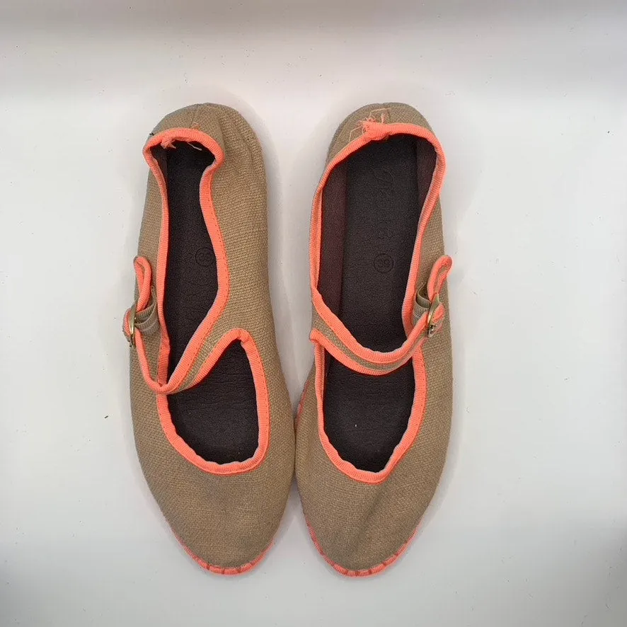 FLABELUS Women's Tan/Neon Pink Dent Lightweight Canvas Mary Jane Flats SZ 8